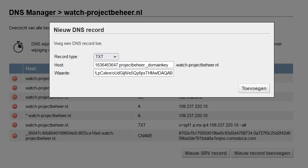DNS record toevoegen op de watch-projectbeheer server