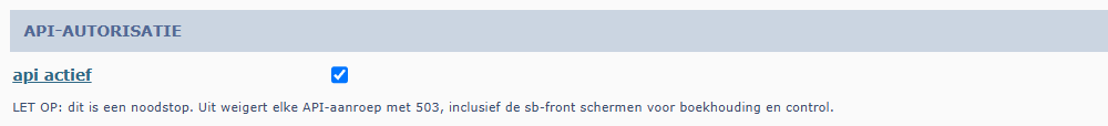 Het blok API-autorisatie in de systeeminstellingen, met het vinkje api actief