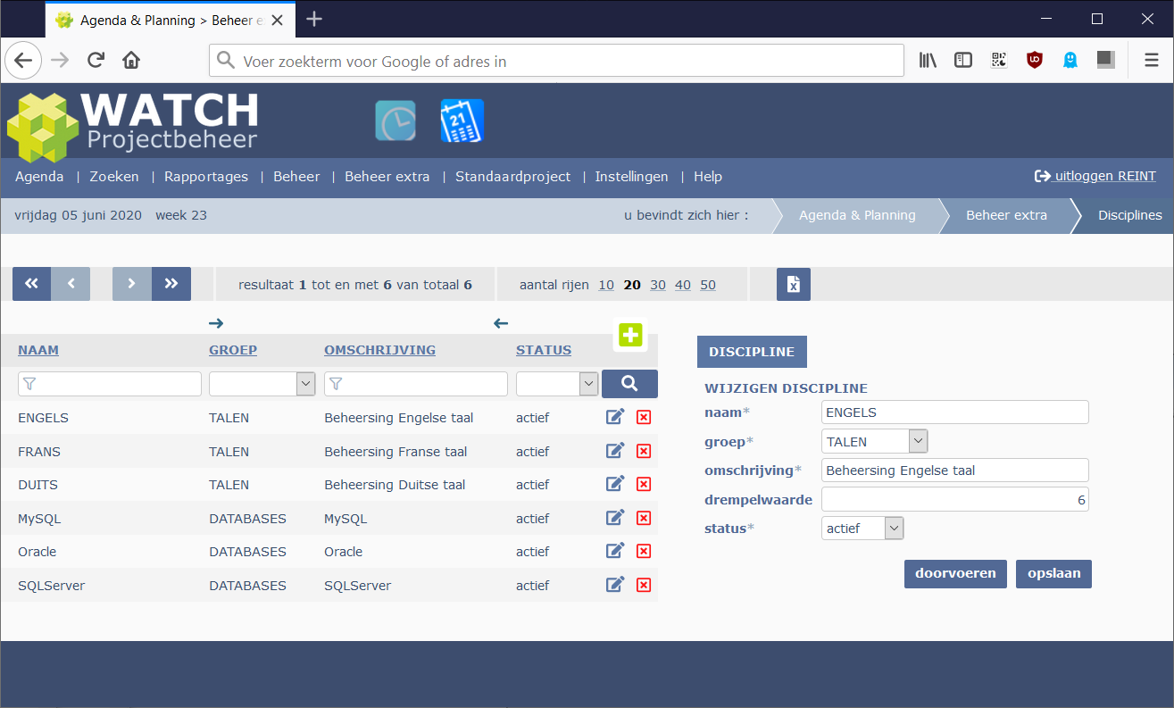 beheerpagina disciplines