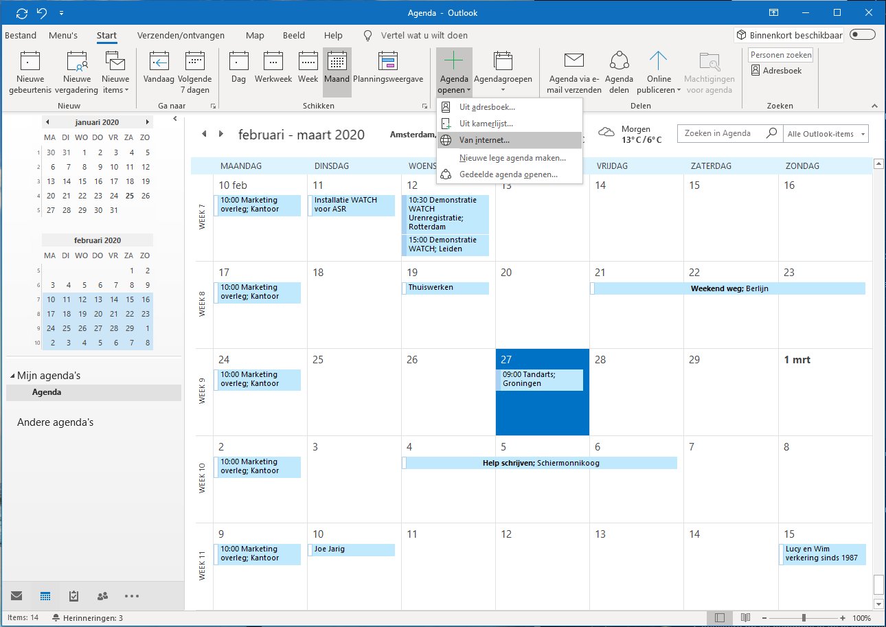 Outlook agenda openen