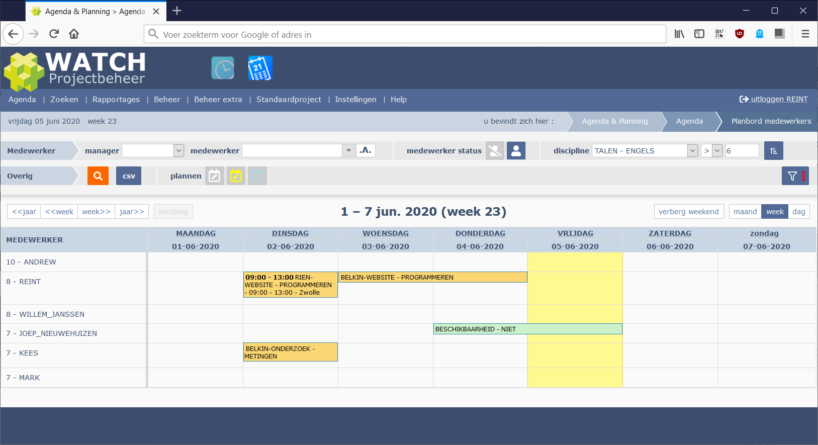 planbord met disciplinefilter