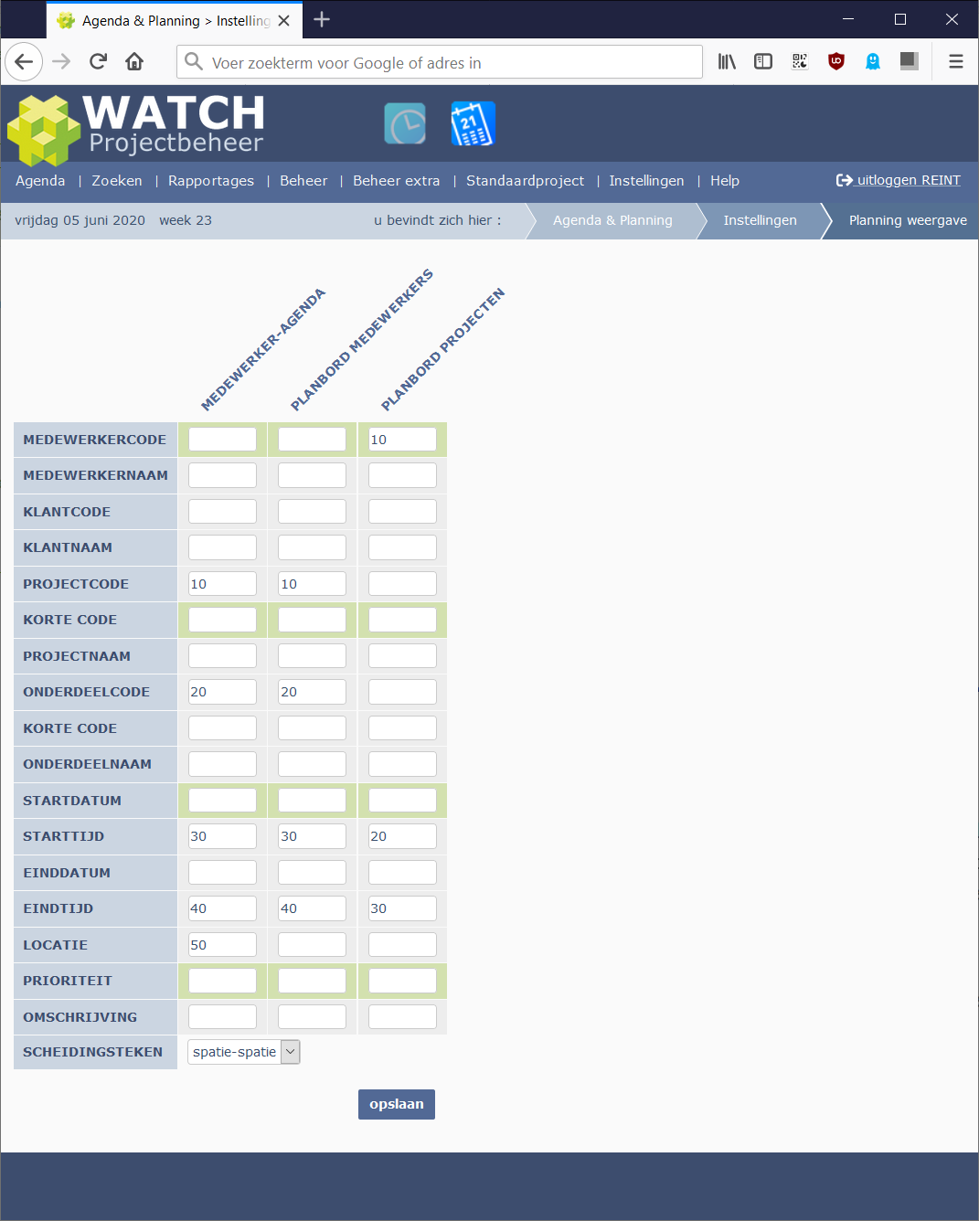 instellingenpagina planning weergave