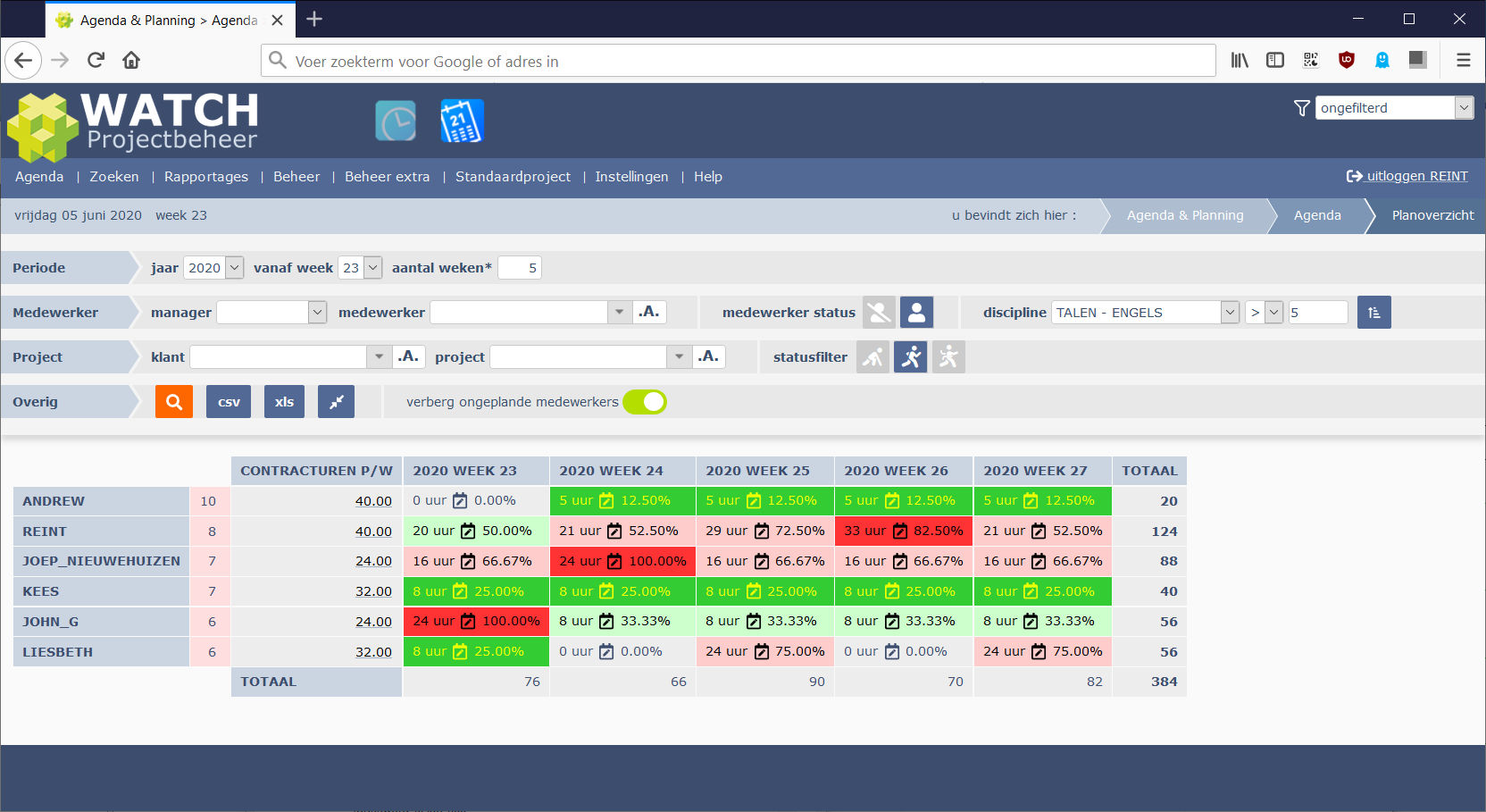 discipline filtering in planoverzicht