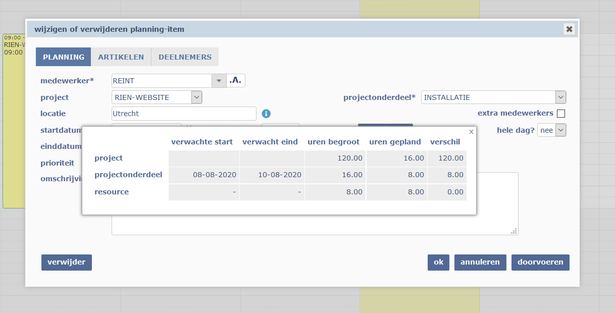 urenoverzicht in venster planning-item toevoegen
