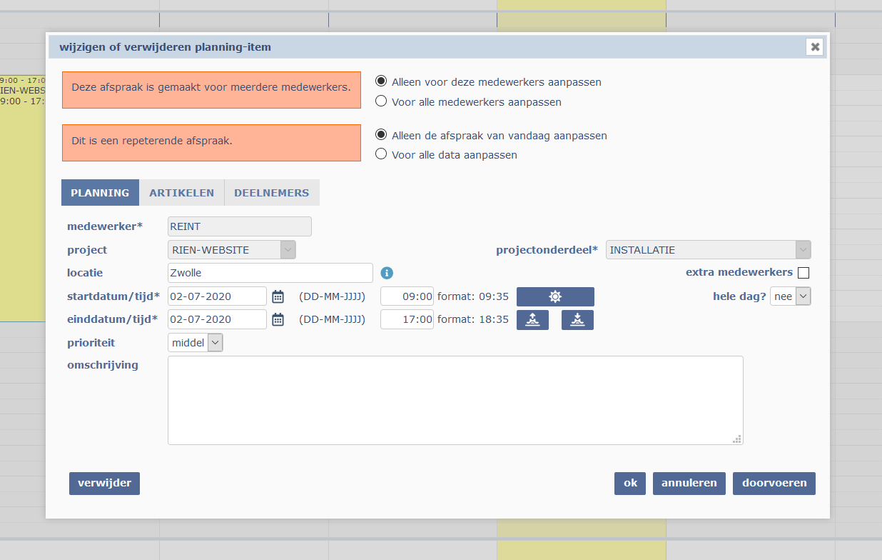 wijzigen planning-item