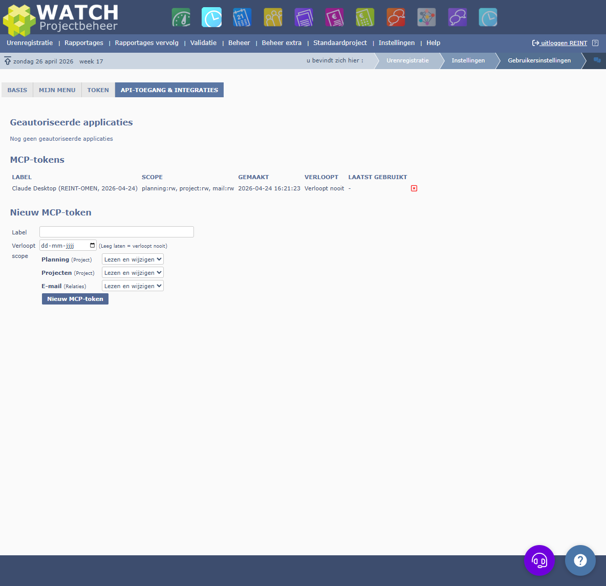 WATCH API-toegang & integraties tab