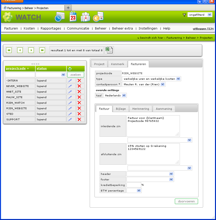 Factureren-tab in het projectbeheerscherm