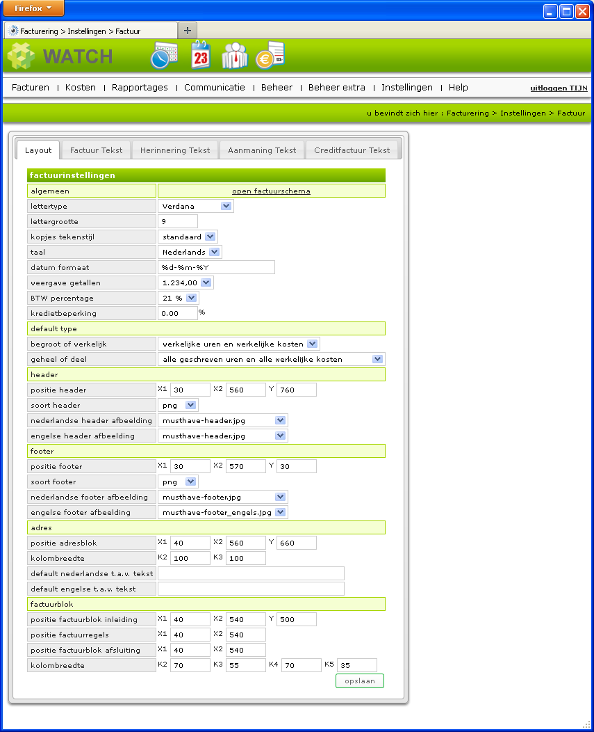 lay-outinstellingen factuur