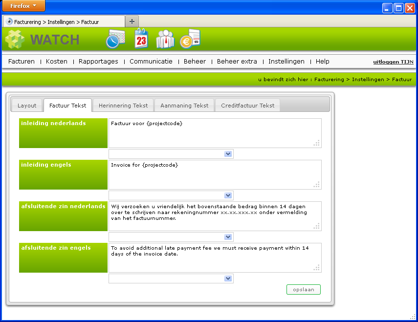 Factuurteksten aanpassen