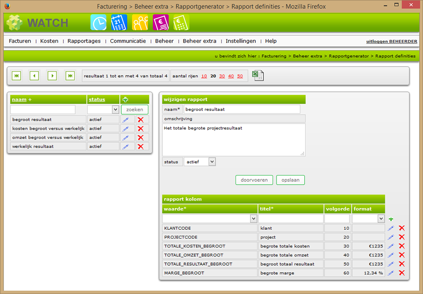 rapport definities beheerscherm