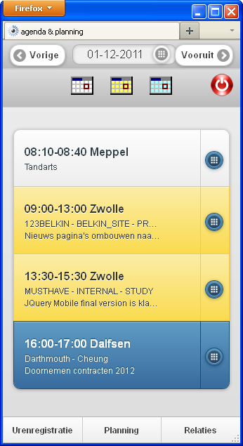 Agenda in de urenregistratie app WATCH mobiel