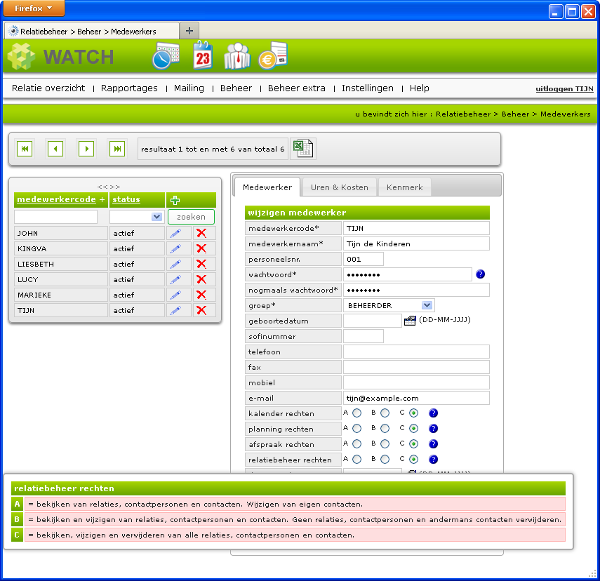rechten relatiebeheer in de beheerpagina medewerkers