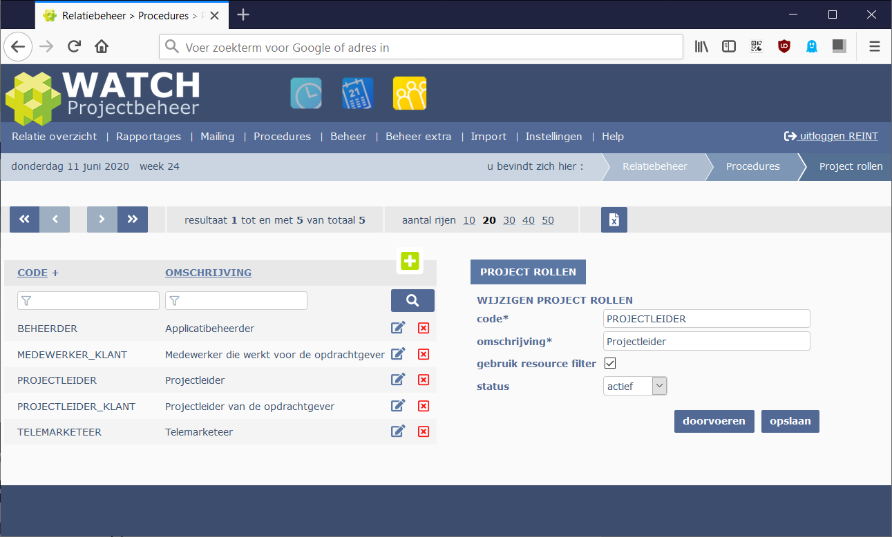 projectrollen beheerscherm