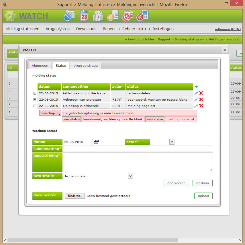 Status tab melding detailscherm back-end