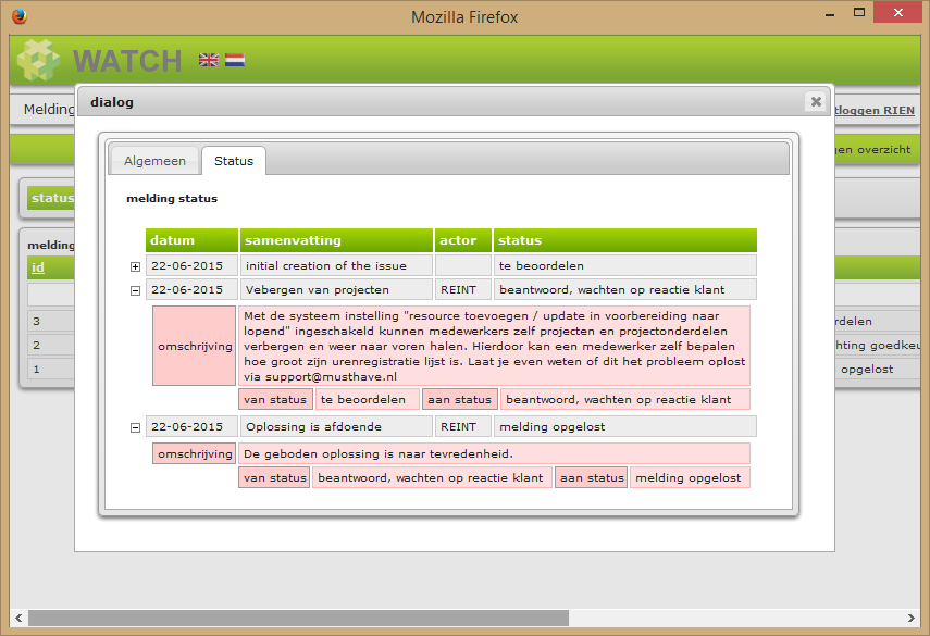 Melding detail scherm status tab