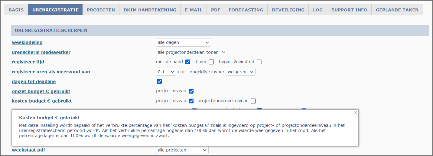 budgetten in urenregistratiescherm systeeminstellingen