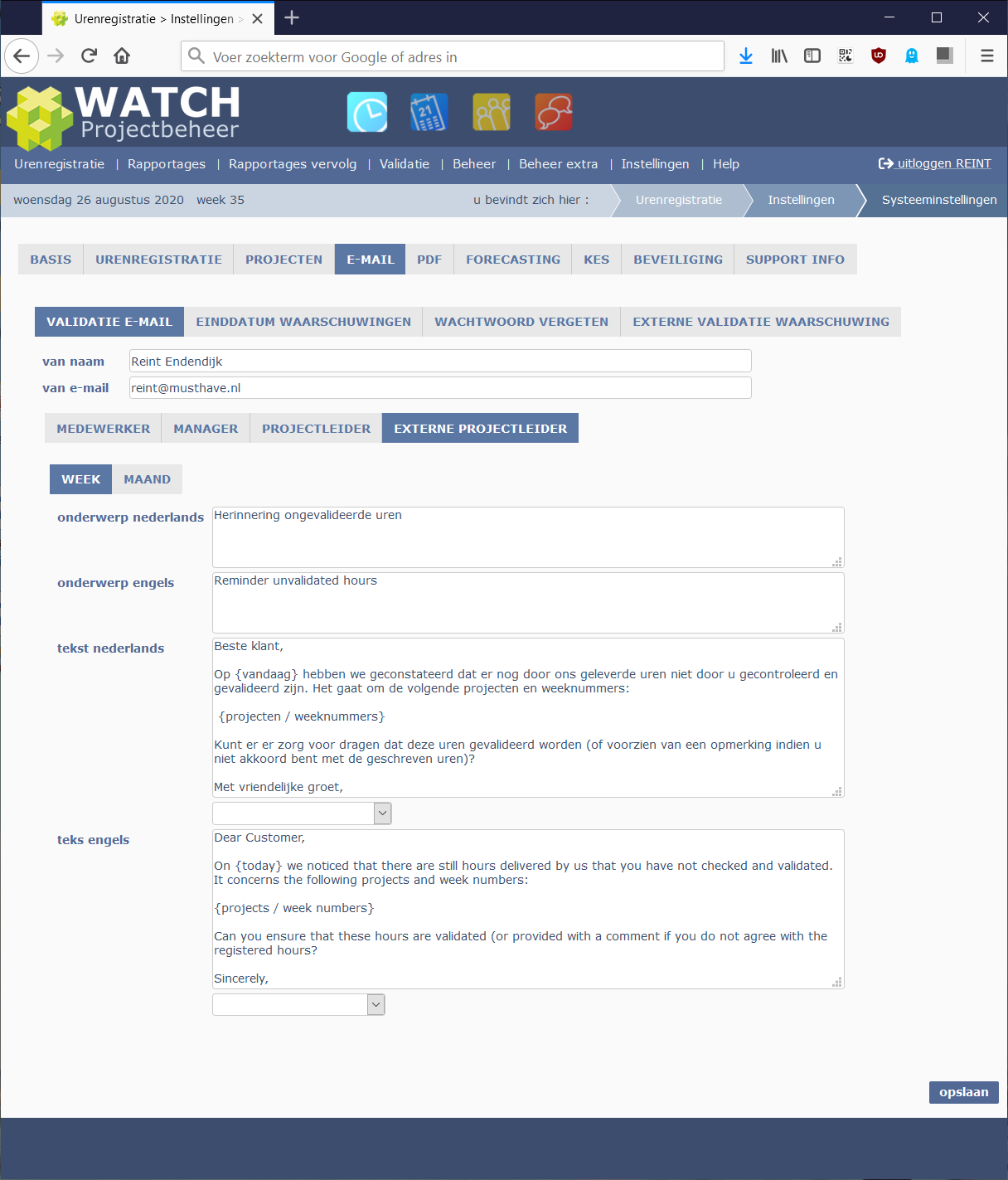 Externe projectleidervalidatie herinnering e-mail