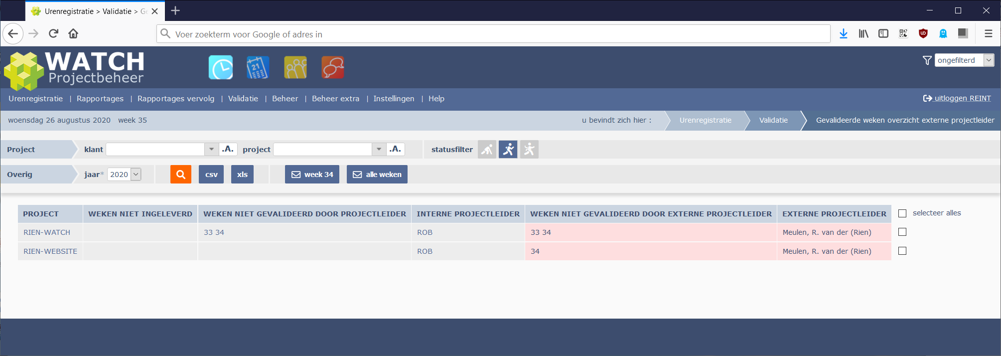 ongevalideerde weken overzicht externe projectleider