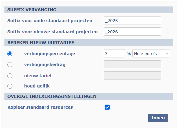 Rekenmethoden en versie-suffix bij uurtarief indexeren Het Uurtarief-indexeren-scherm: suffix-versioning, vier rekenmethoden en kopieeropties