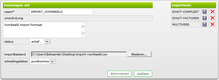 export set maken van voorbeeldbestand