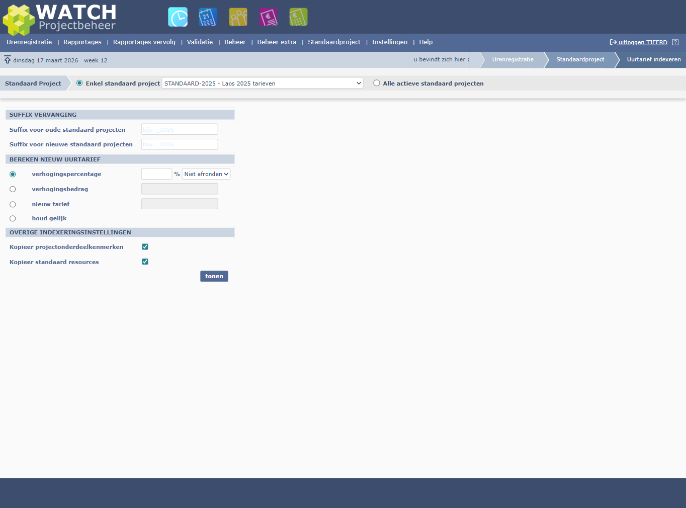 De volledige indexeringsinstellingen: suffix, tariefberekening en overige opties
