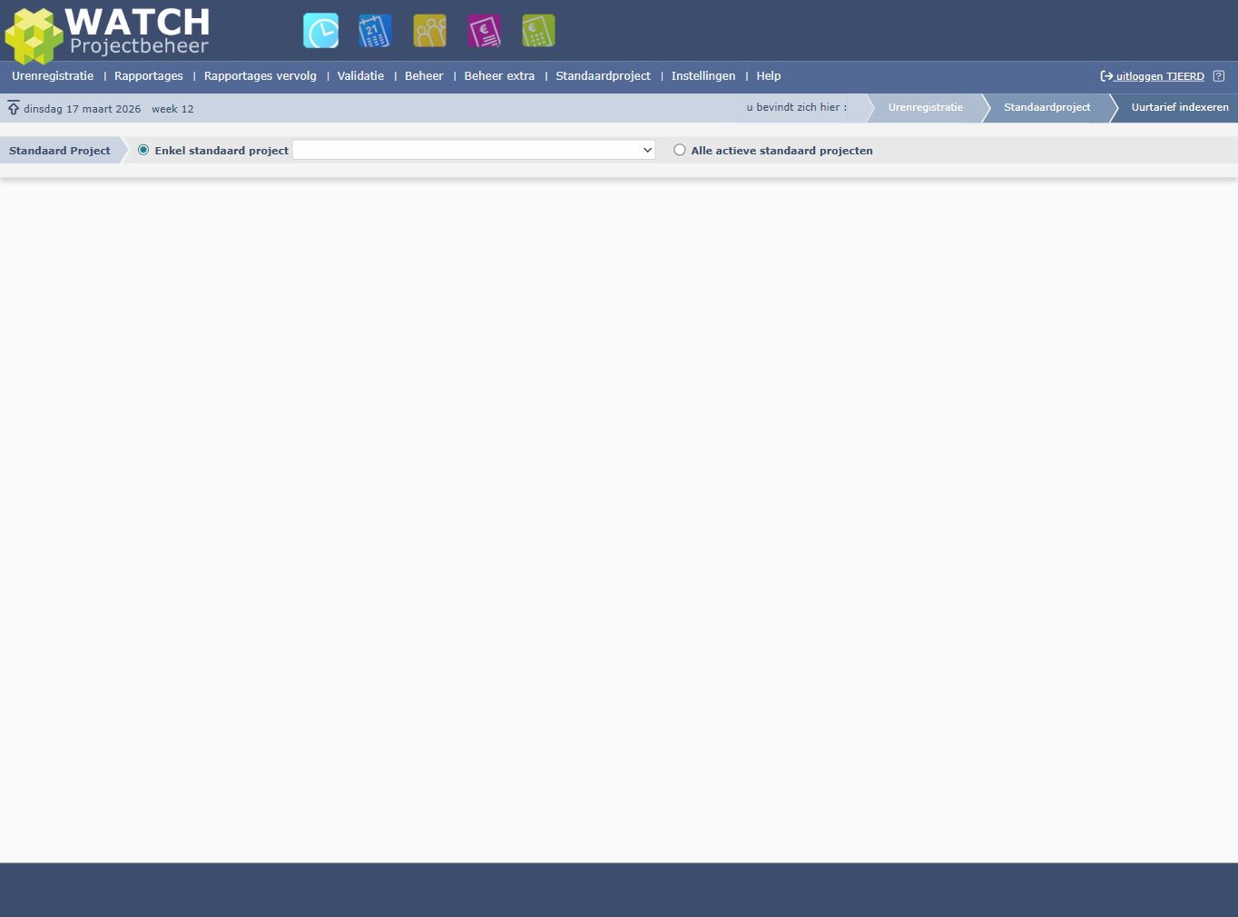 Het startscherm van Uurtarief indexeren met de projectselectie