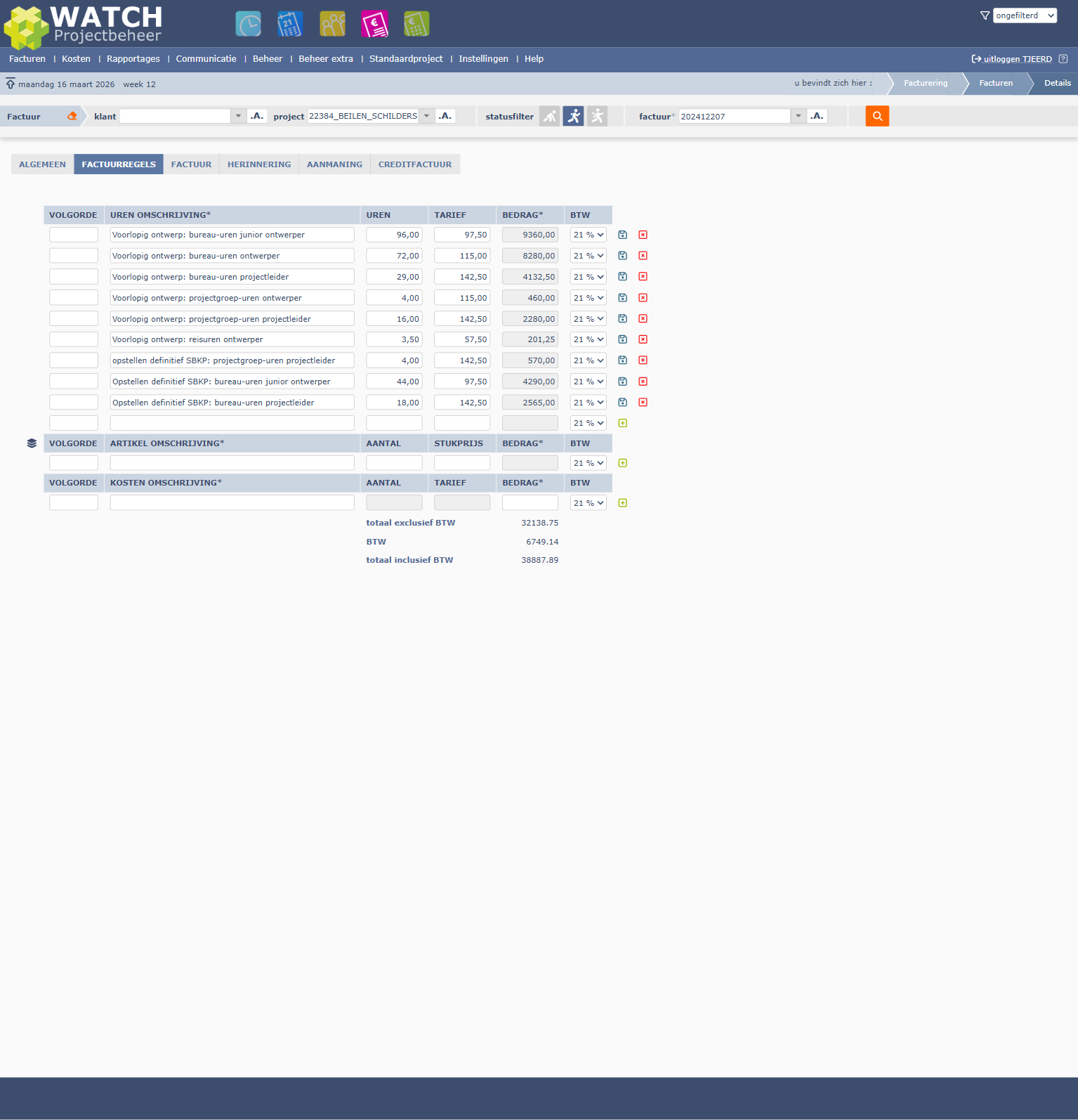 Factuurdetails met alle regels, totalen en BTW-berekening