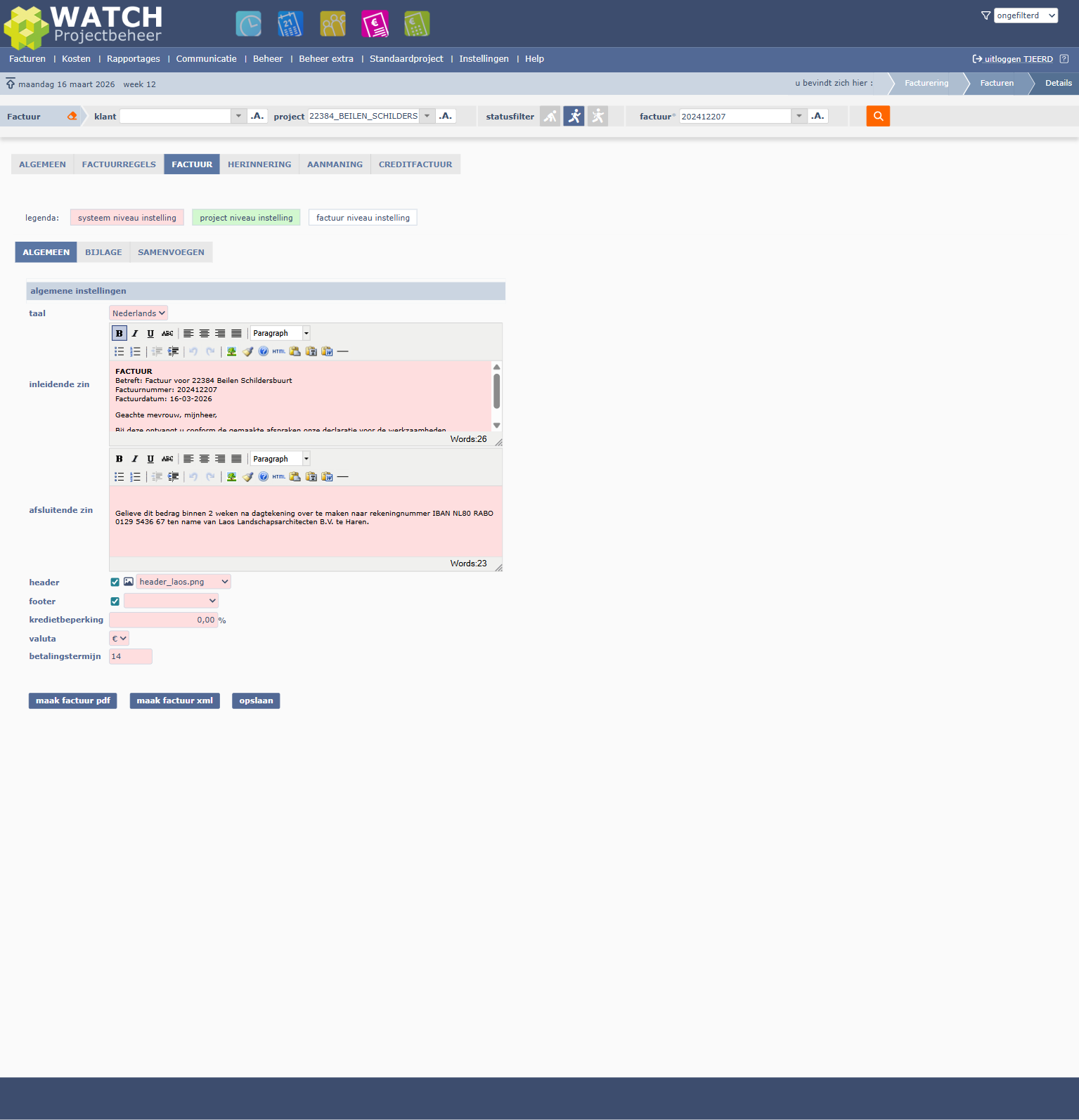 Factuur-tab met opmaak, teksten en PDF-generatie