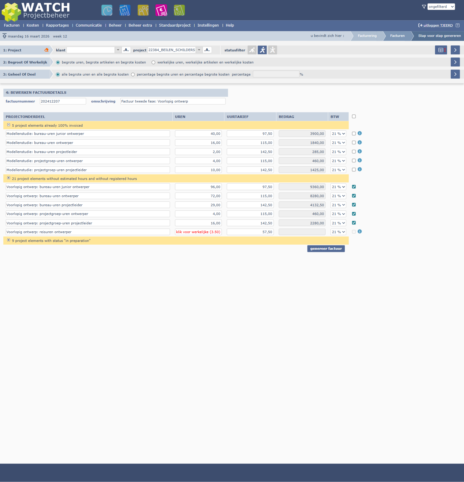 Uitgeklapte al gefactureerde onderdelen met factuurinformatie per regel