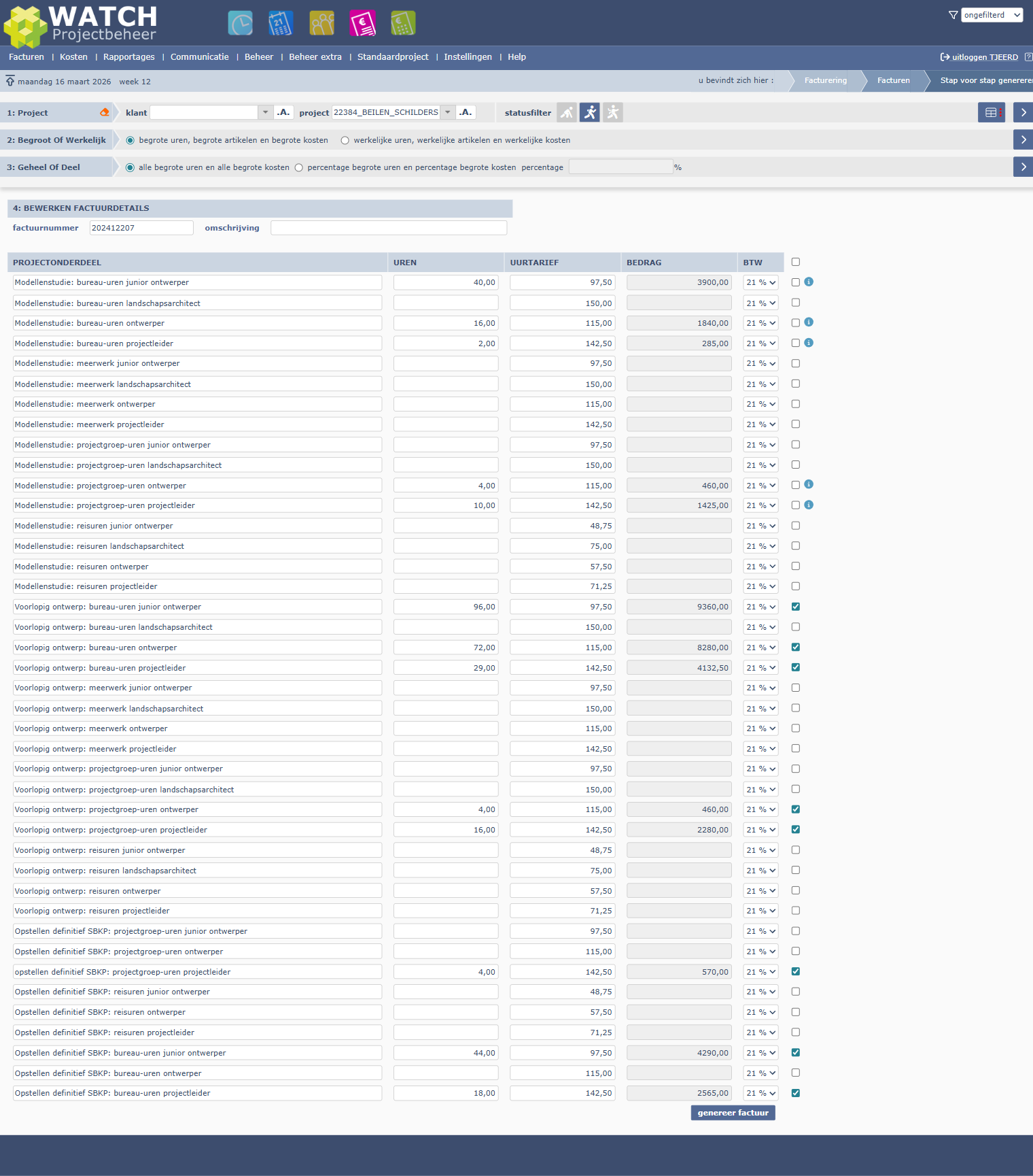 Stap voor stap factureren zonder instellingen: alle projectonderdelen in een lange lijst