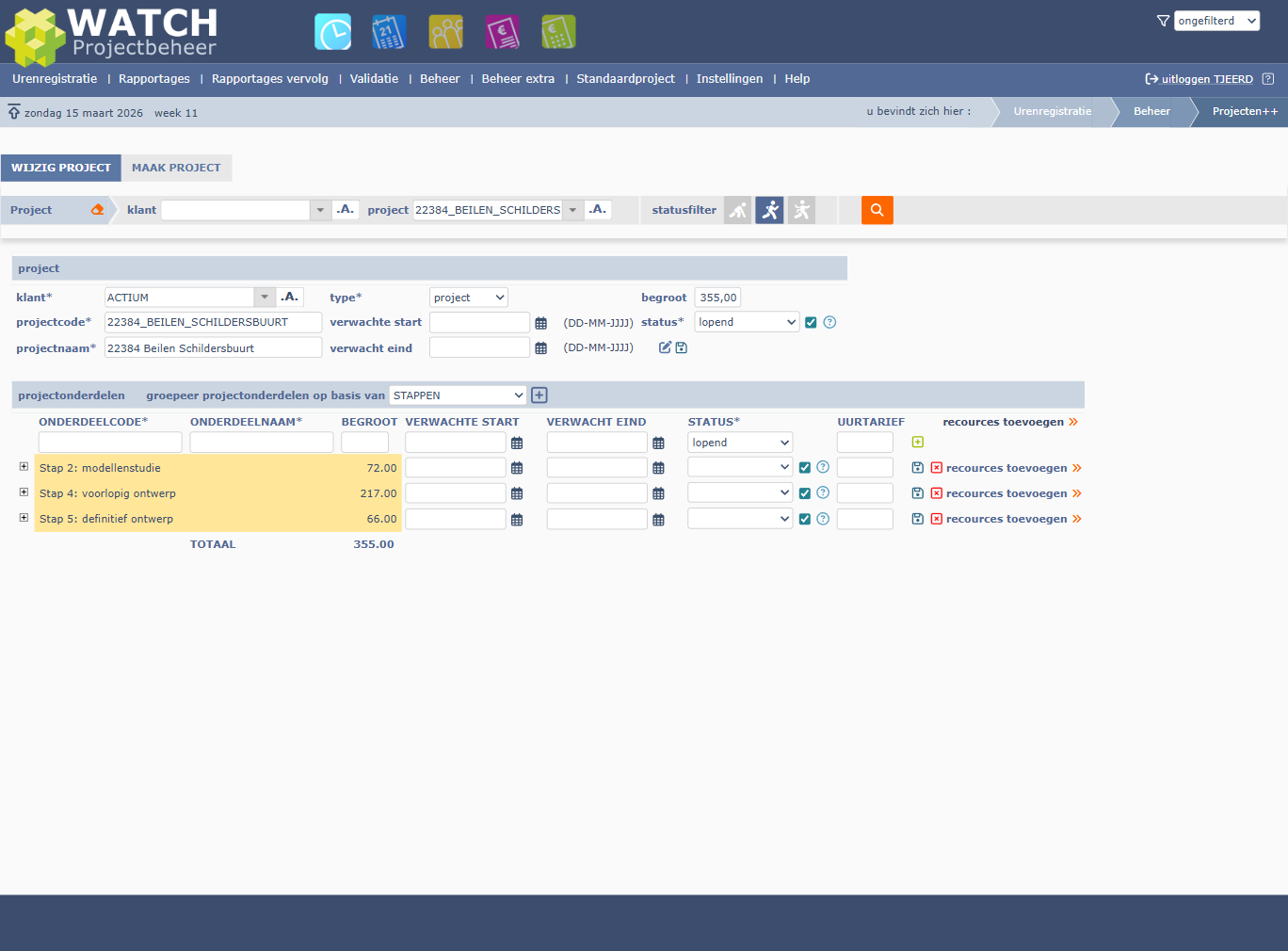 Groepering op STAPPEN: direct zichtbaar welke fasen actief zijn en hoeveel uren per fase