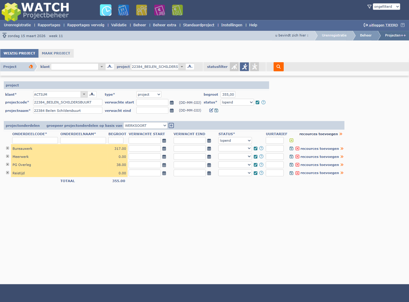 Groepering op WERKSOORT: direct zichtbaar dat Meerwerk en Reistijd geen uren hebben
