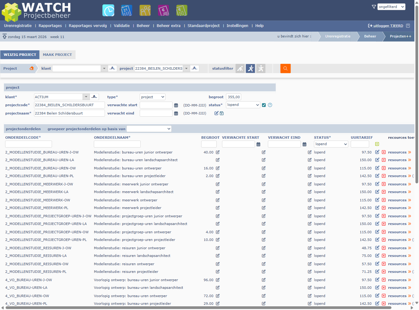 Alle 84 projectonderdelen ongegroepeerd in Projecten++ — onoverzichtelijk