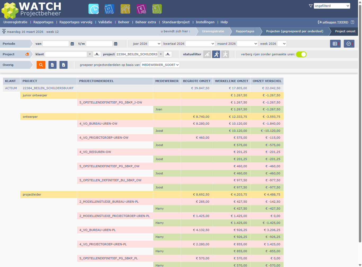 Project omzet rapportage gegroepeerd op MEDEWERKER_SOORT: financieel inzicht per type medewerker