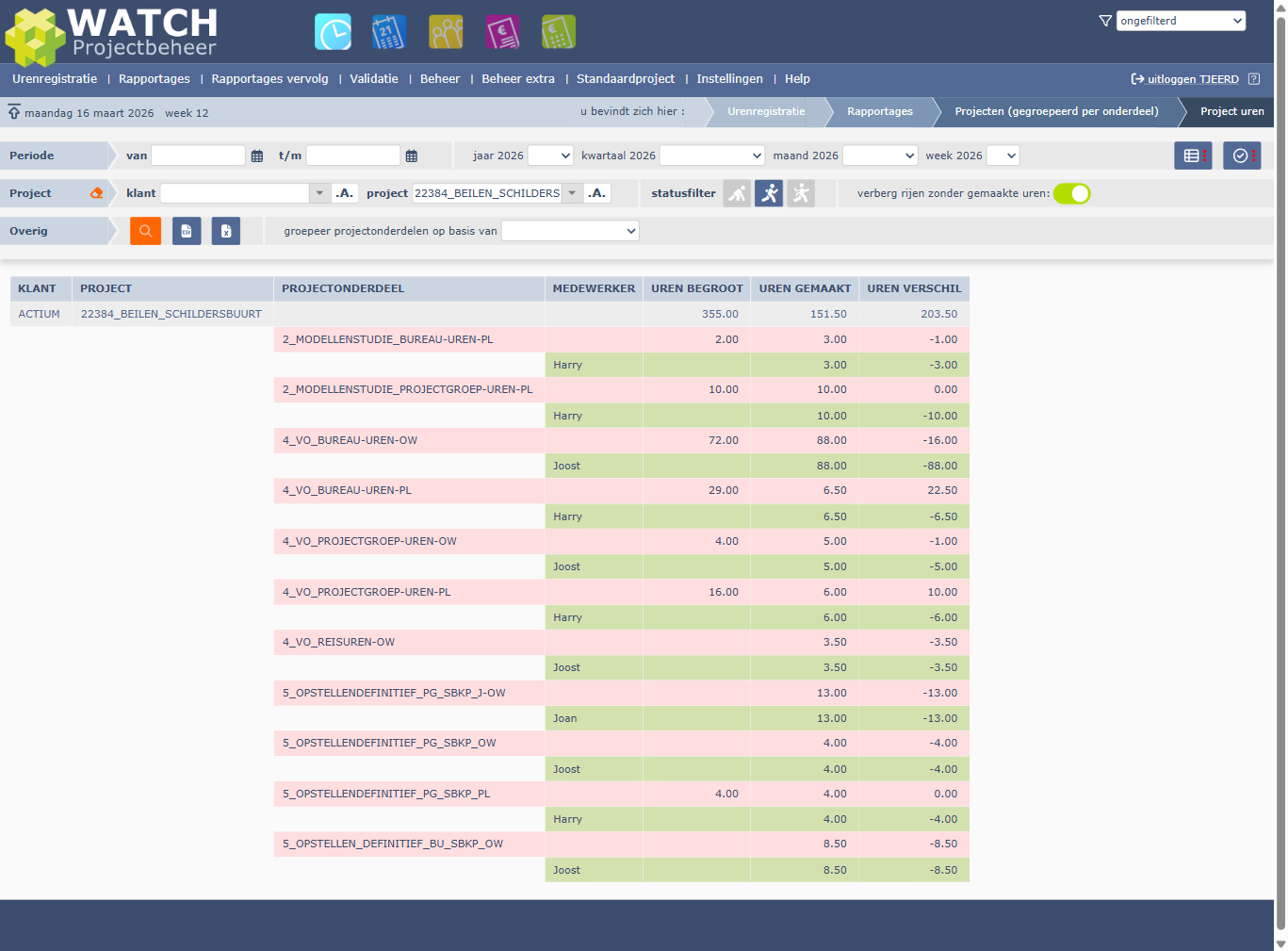 Rapportage zonder groepering: alle projectonderdelen in een lange lijst