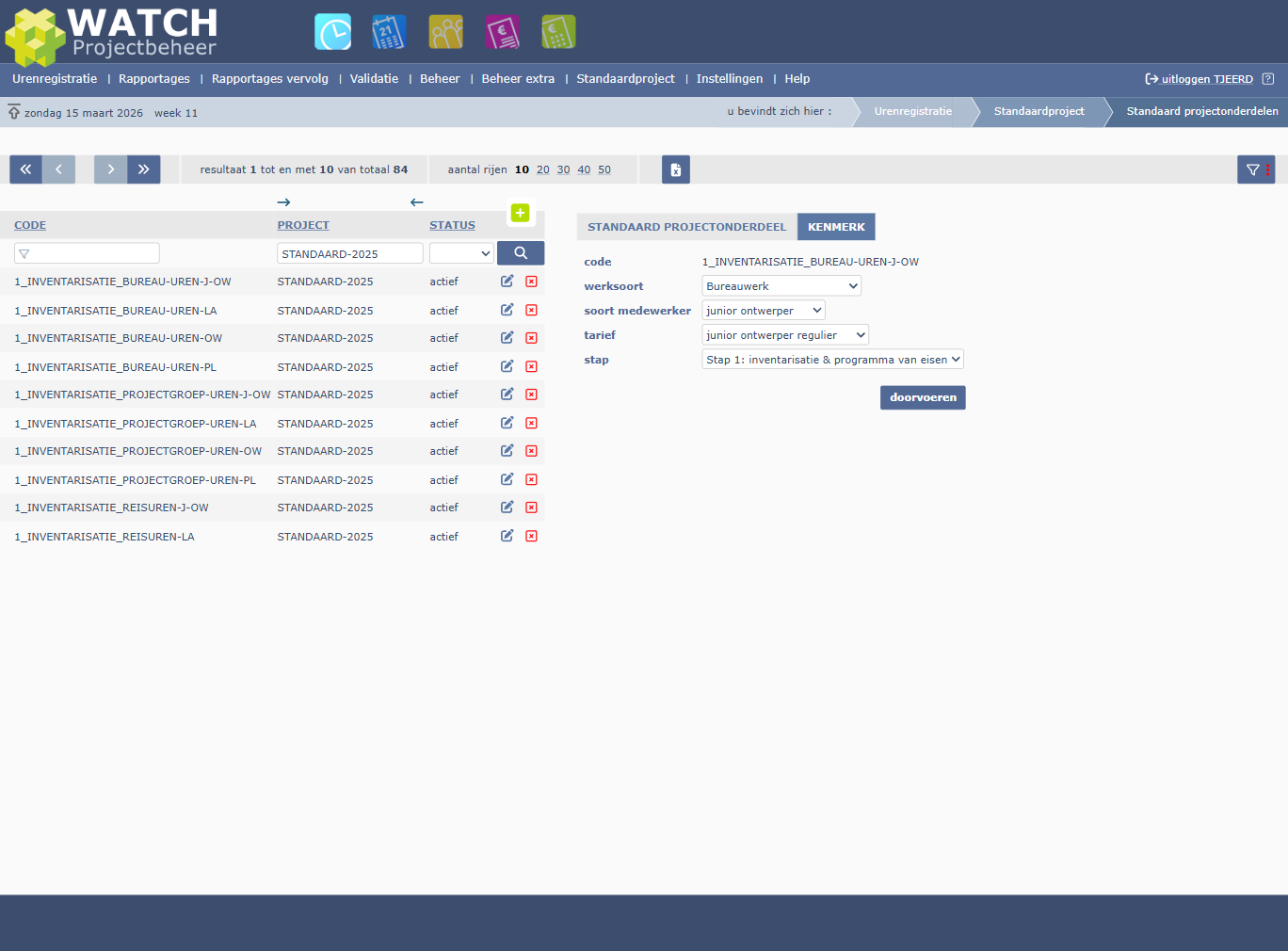 Kenmerk-tab: werksoort, soort medewerker, tarief en stap per projectonderdeel