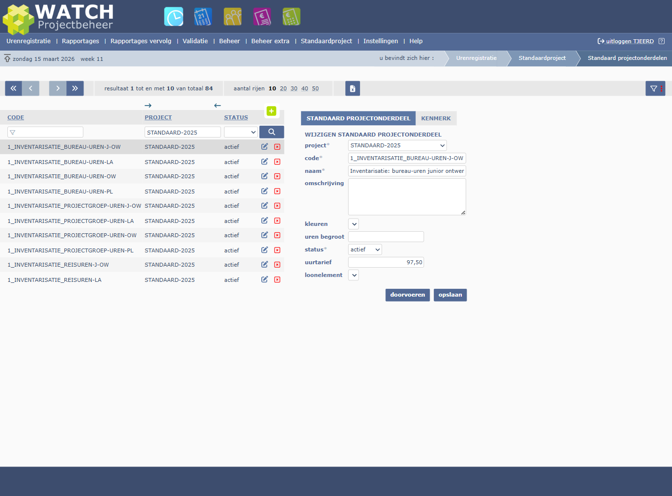 Standaard projectonderdeel: de tab met code, naam en uurtarief