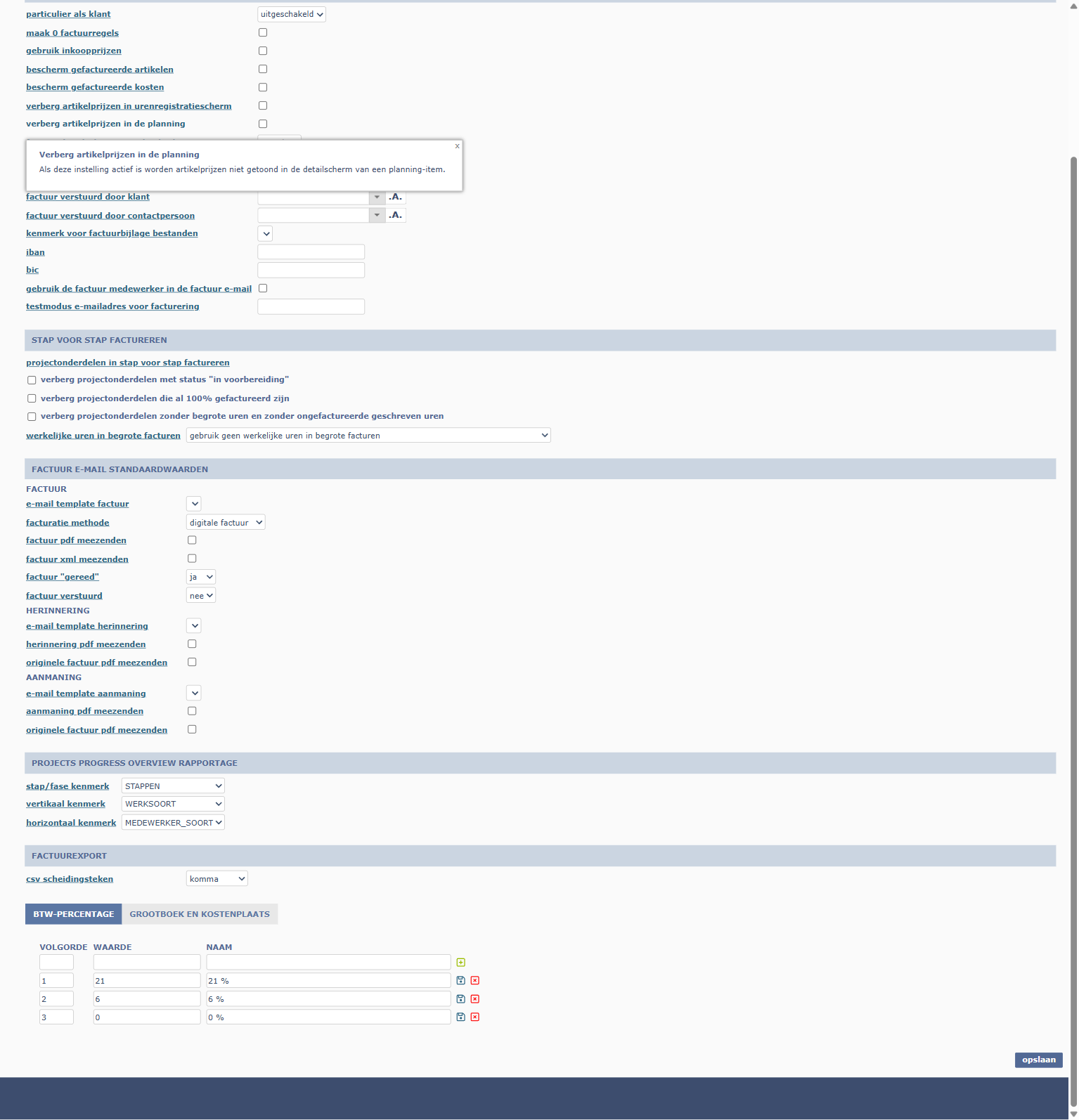 Systeeminstellingen voor stap voor stap factureren — alle opties uitgeschakeld