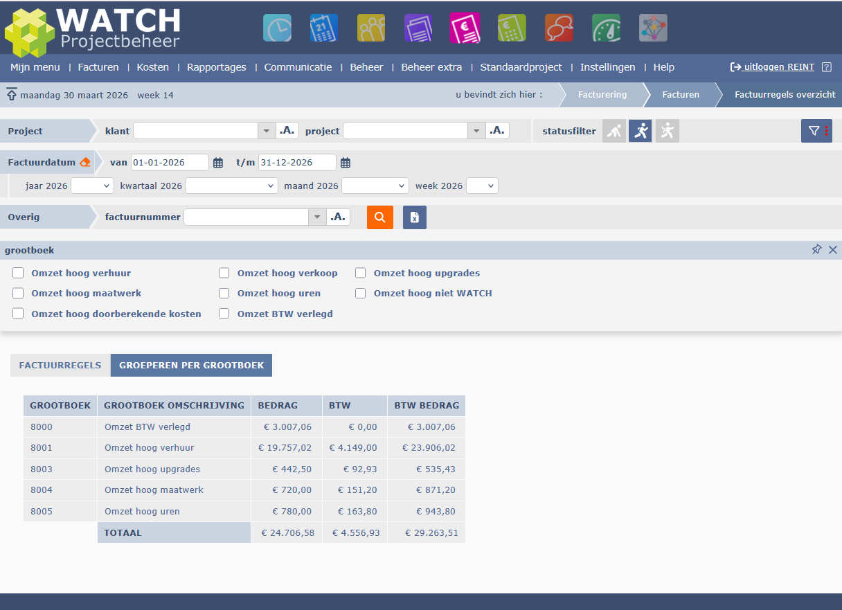Factuurregels overzicht gegroepeerd per grootboek