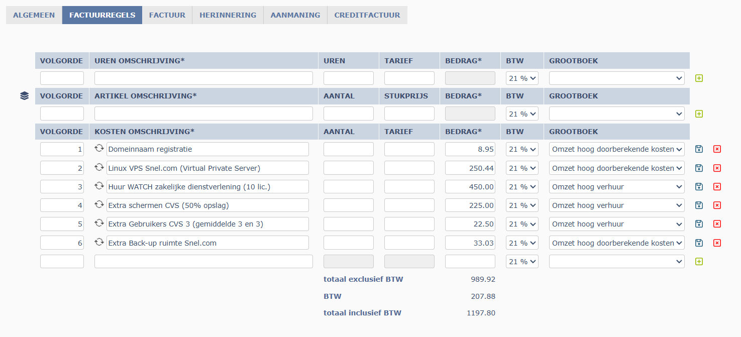 Factuurregels met grootboek kolom